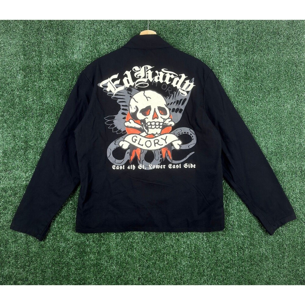 Ed Hardy Mens Jacket Size S Black Skull Glory Full Zip Canvas Graphic Grunge Y2K